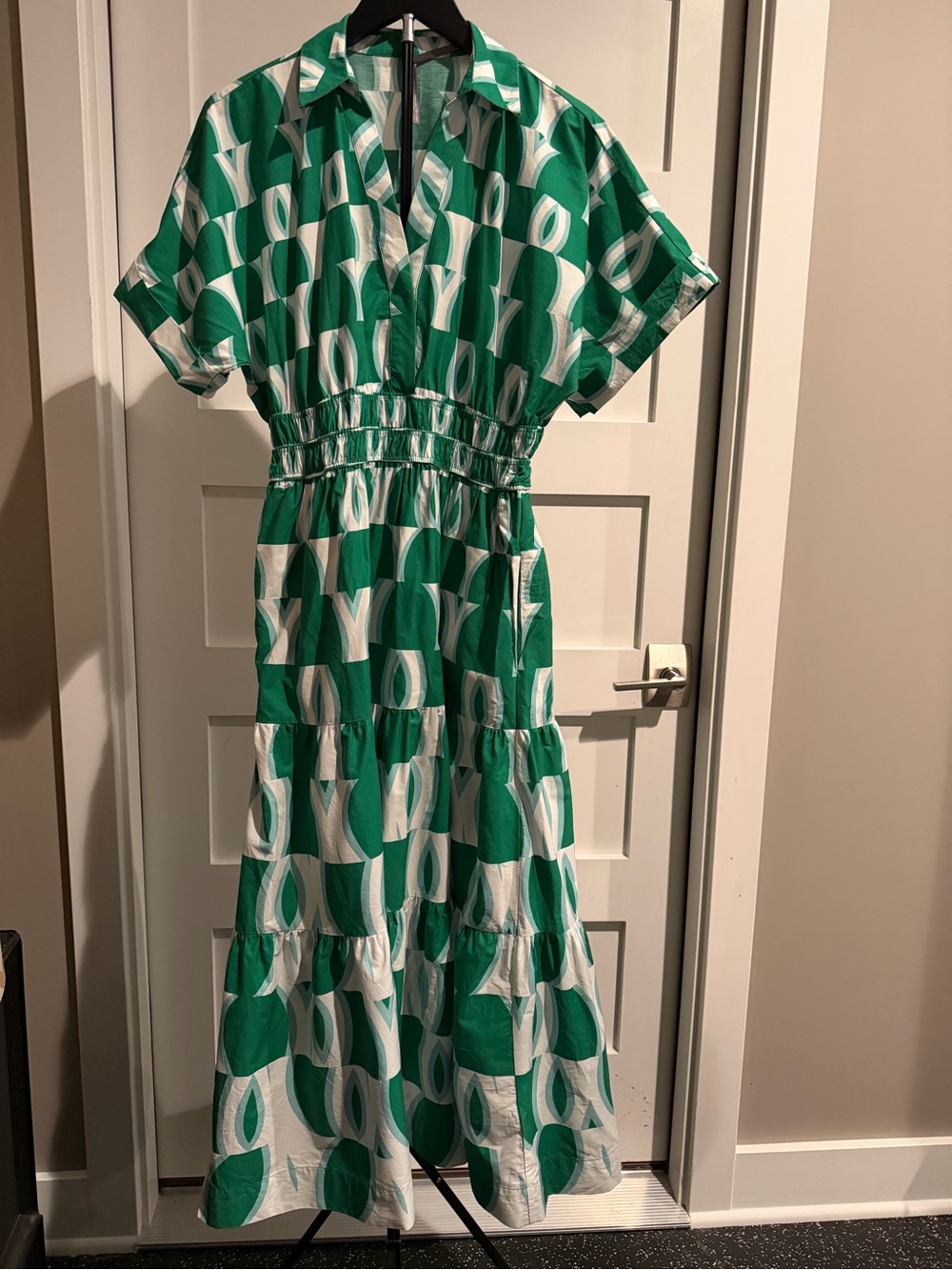 Anthropologie Somerset Green and White Geometric Tiered Maxi Dress